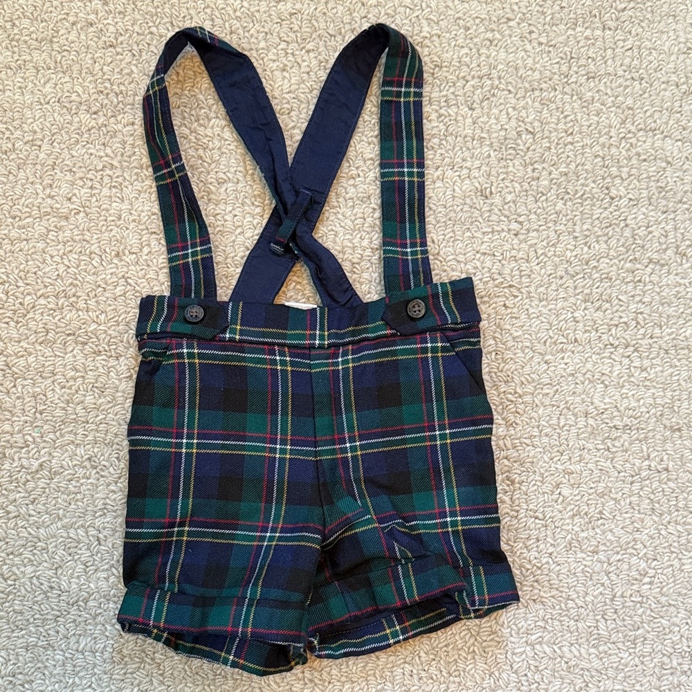 Janie and Jack Navy Plaid Suspender Shorts 6-12 months